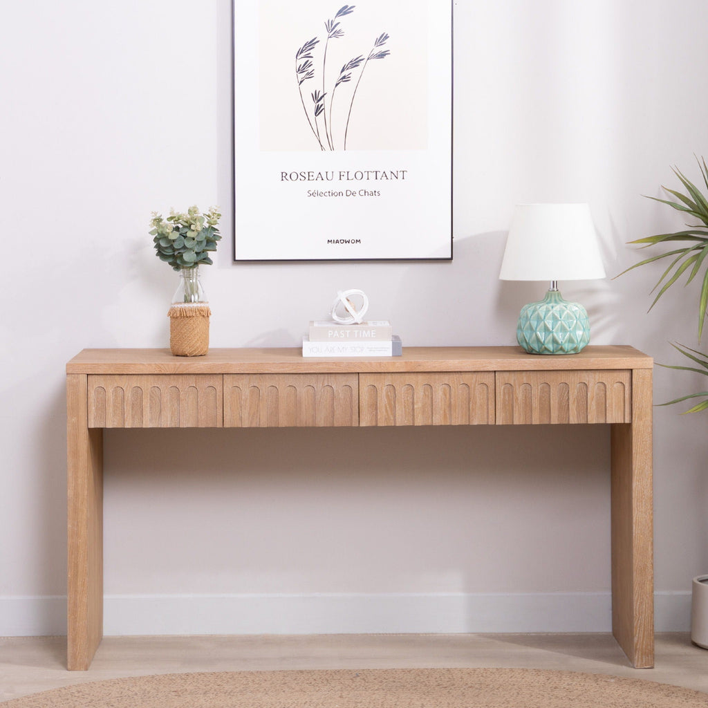 Vivante Modern Console Table With Four Carved Drawers In Walnut
