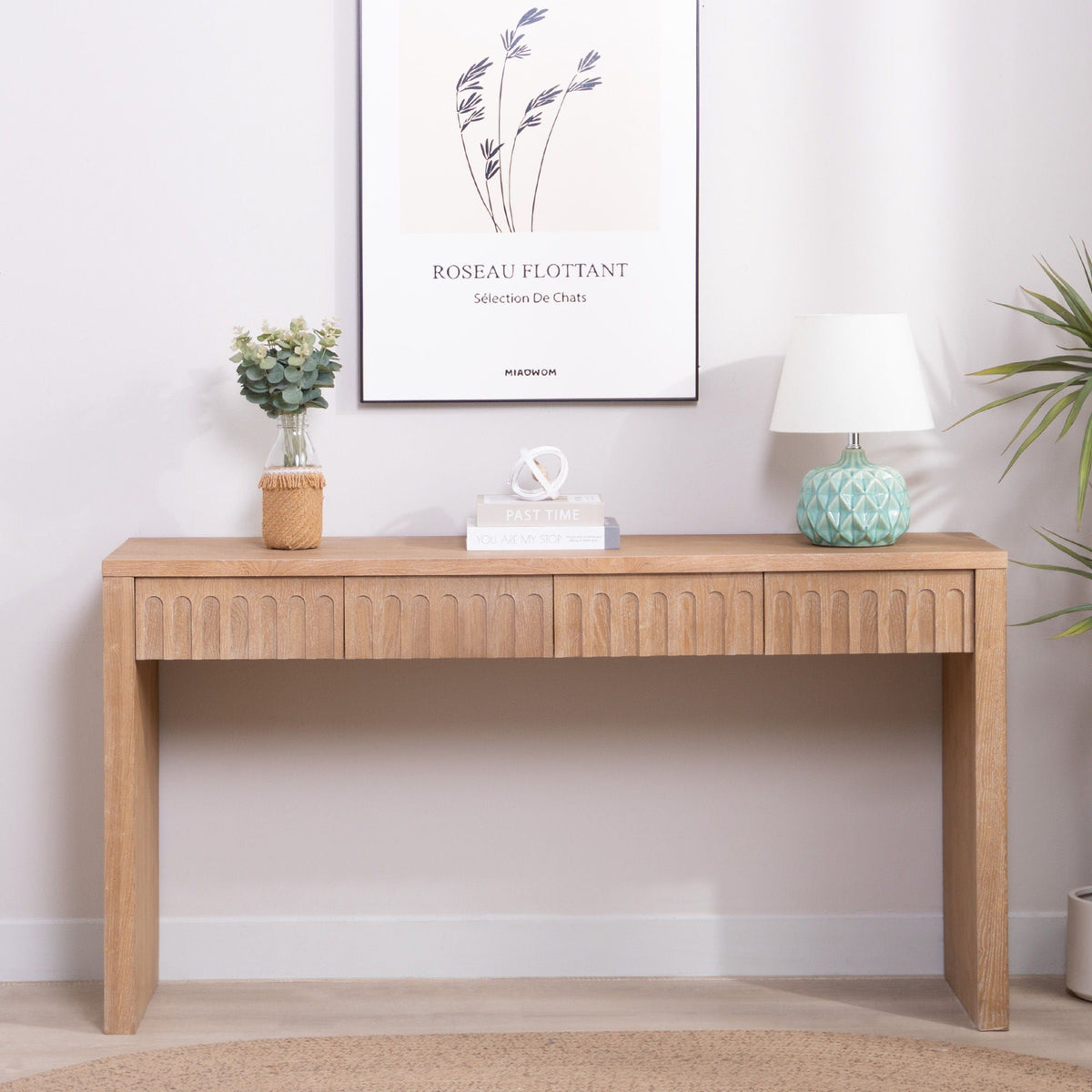 Vivante Modern Console Table With Four Carved Drawers In Walnut