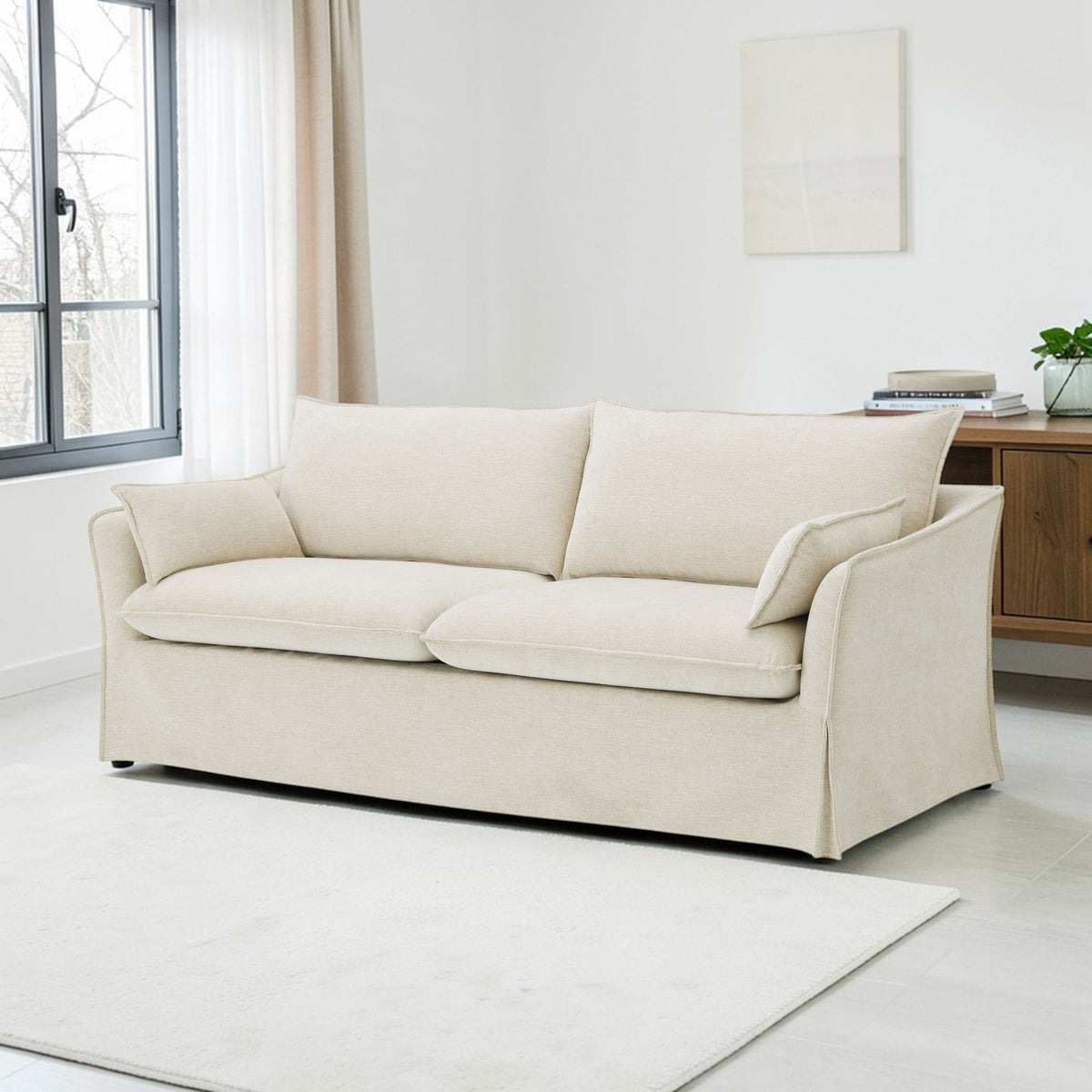 Shane Premium Beige Sofa With Two Elegant Throw Pillows