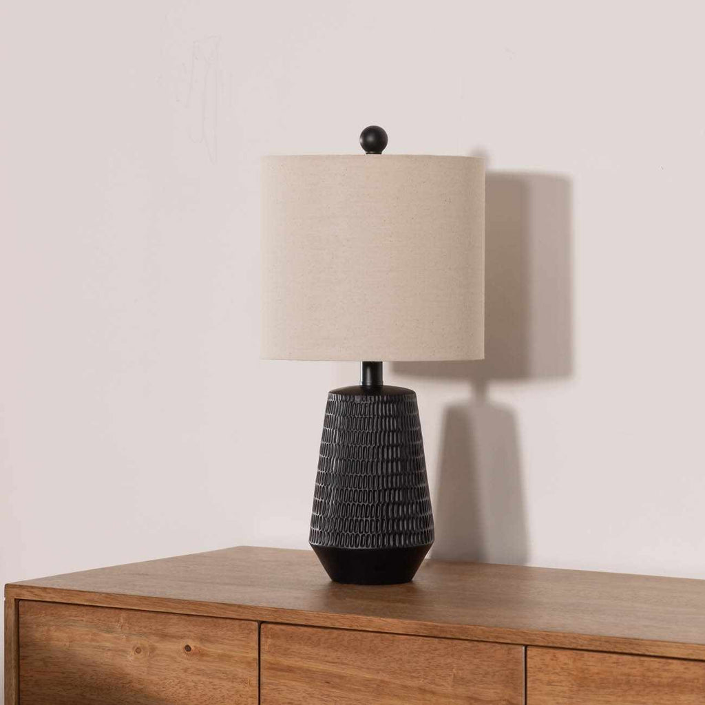Berehomet Black Resin Table Lamp With Bronze Details And Linen Shade