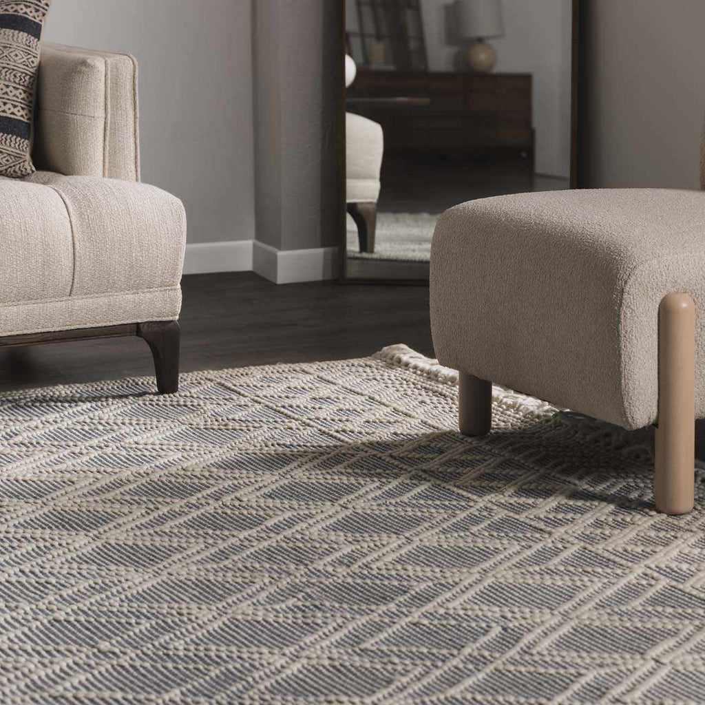 Ramsbury Denim Blue Trellis Rug Hand Woven Wool Blend