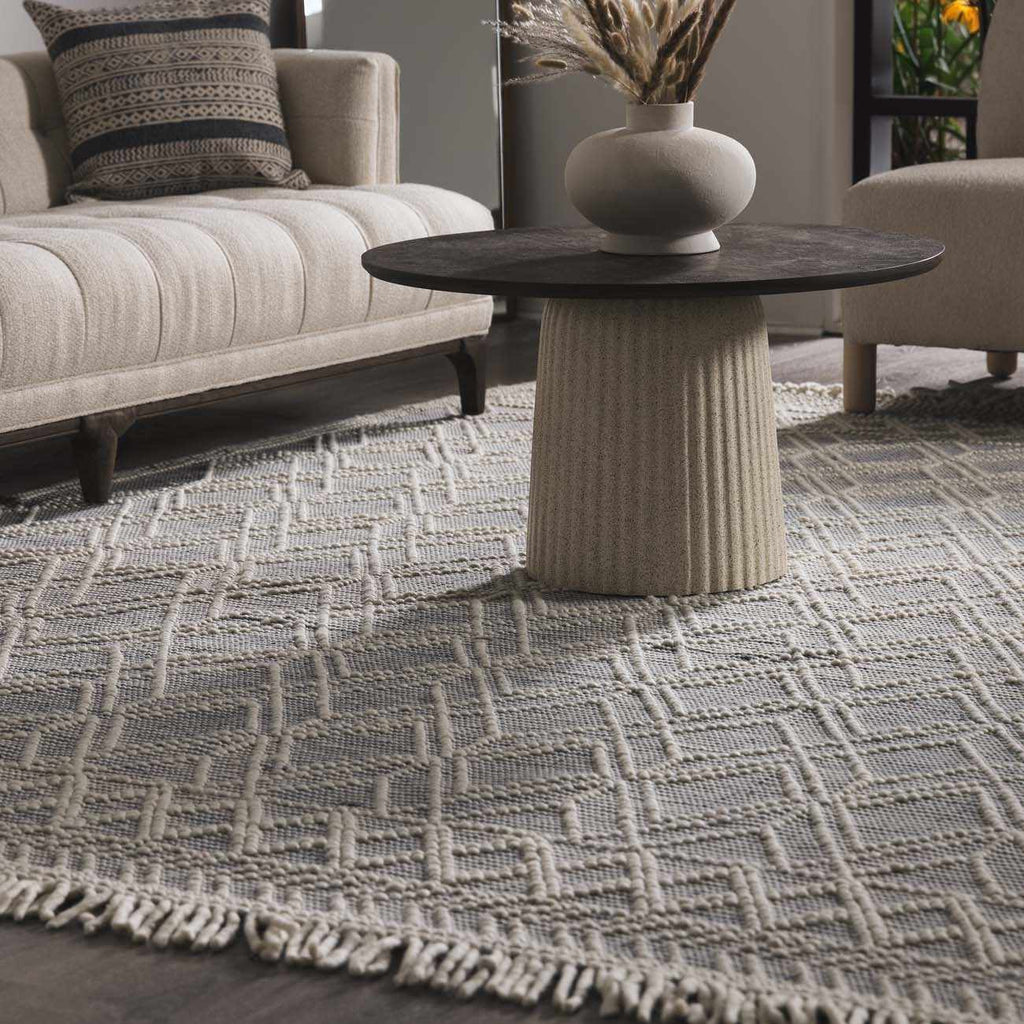 Ramsbury Denim Blue Trellis Rug Hand Woven Wool Blend