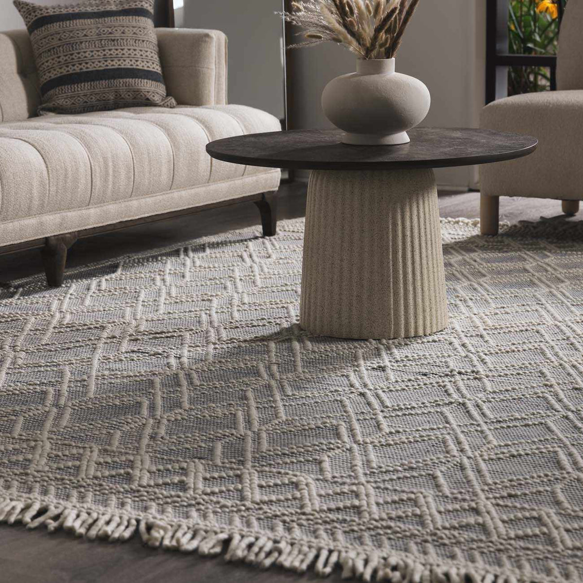 Ramsbury Denim Blue Trellis Rug Hand Woven Wool Blend