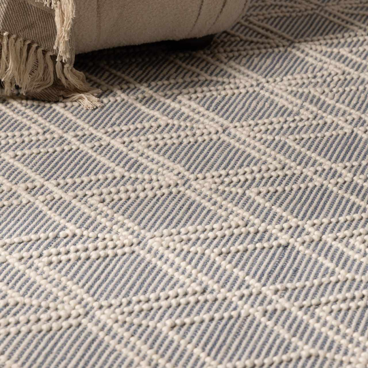 Ramsbury Denim Blue Trellis Rug Hand Woven Wool Blend