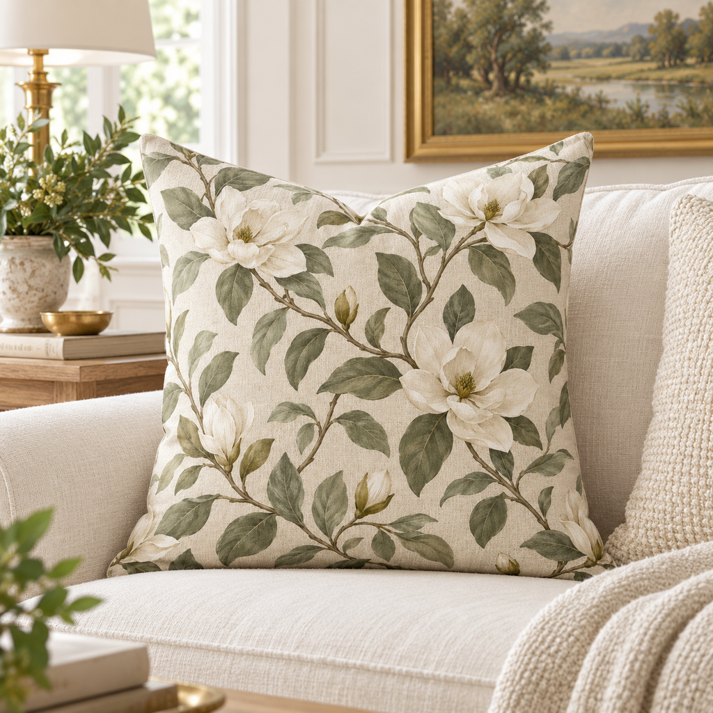Magnolia Vine Floral Pillow in Olive & Parchment