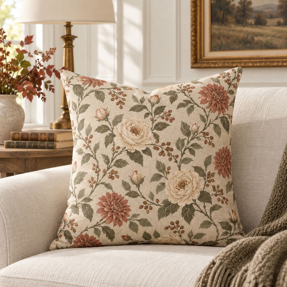 Lilyvale Autumn Garden Floral Pillow Cover in Terracotta & Olive | Fall Heritage Collection