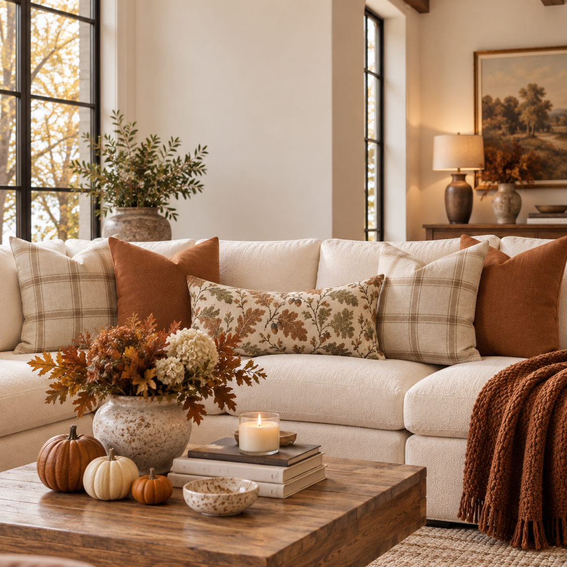 Fall Pillow Cover Bundle — Rust, Plaid & Oak Leaf Set of 5