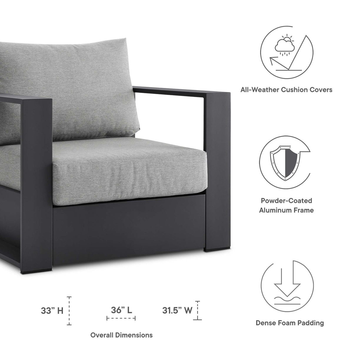 Modway Tahoe Outdoor Aluminum Armchair Weather Resistant Design