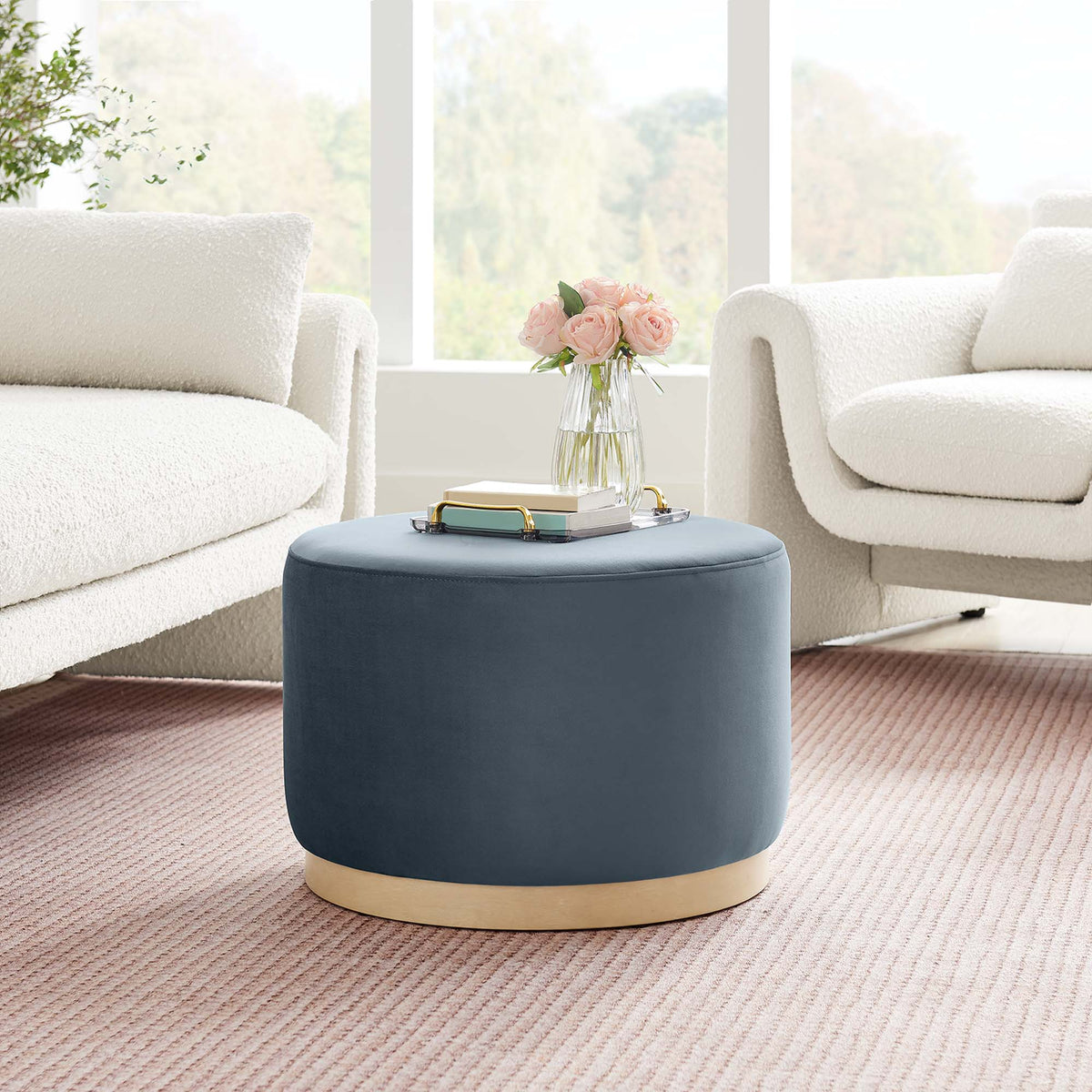 Tilden Performance Velvet Ottoman 23 Inch Round Stain Resistant