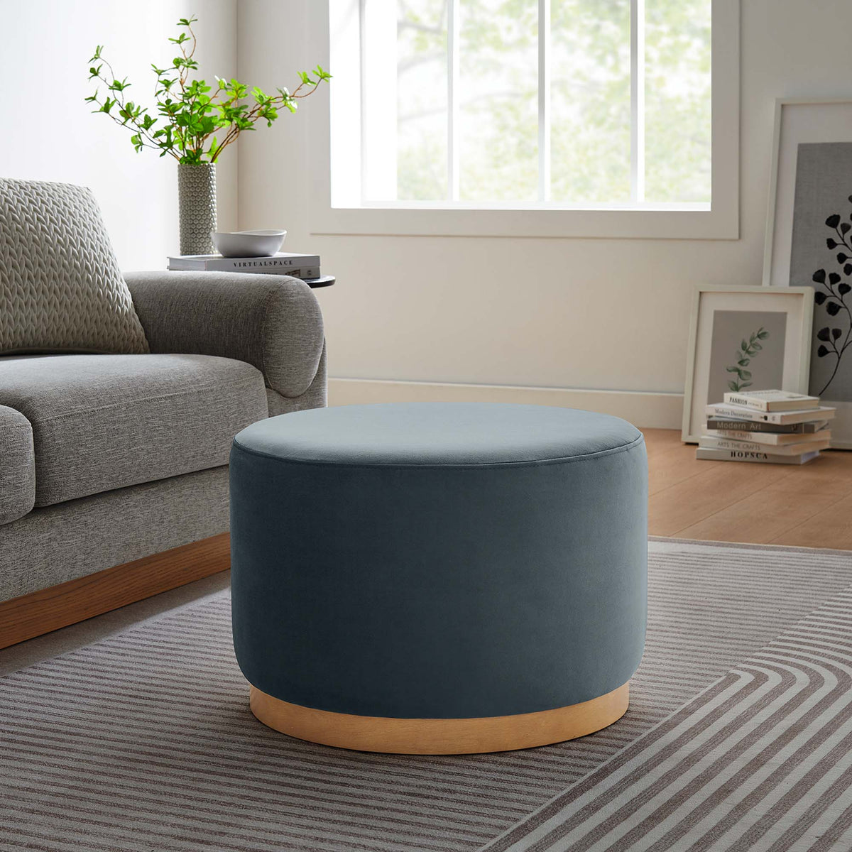 Tilden Performance Velvet Ottoman 23 Inch Round Stain Resistant