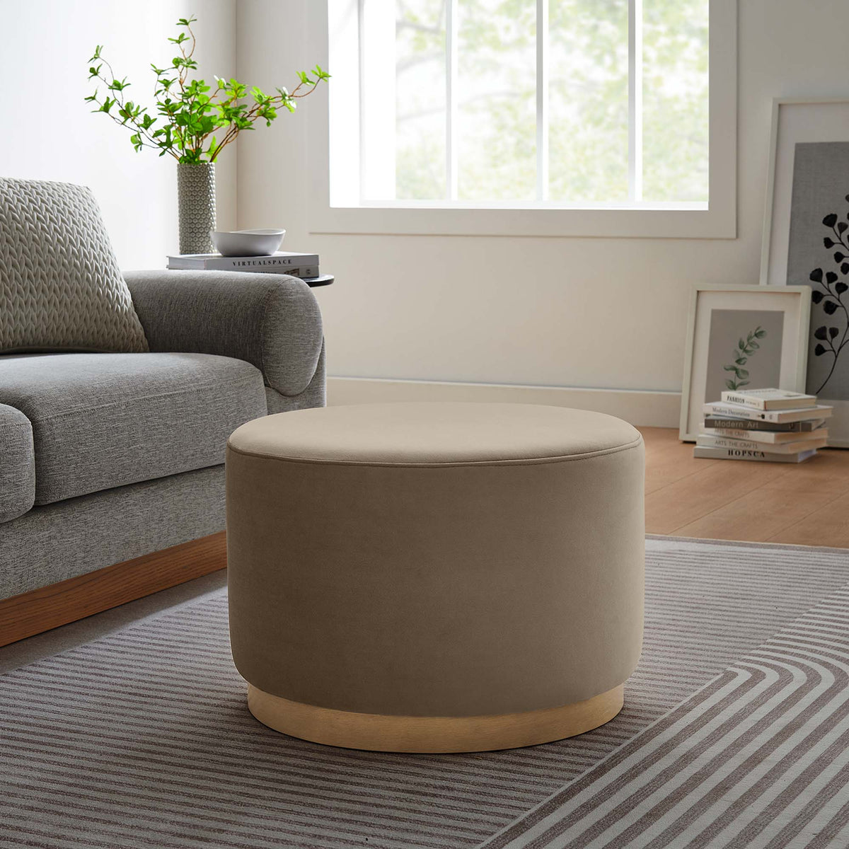 Tilden Performance Velvet Ottoman 23 Inch Round Stain Resistant