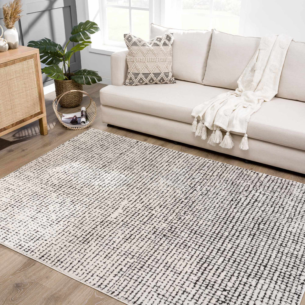 Keita Ivory Black Grid Plush Rug With Luxe High Pile