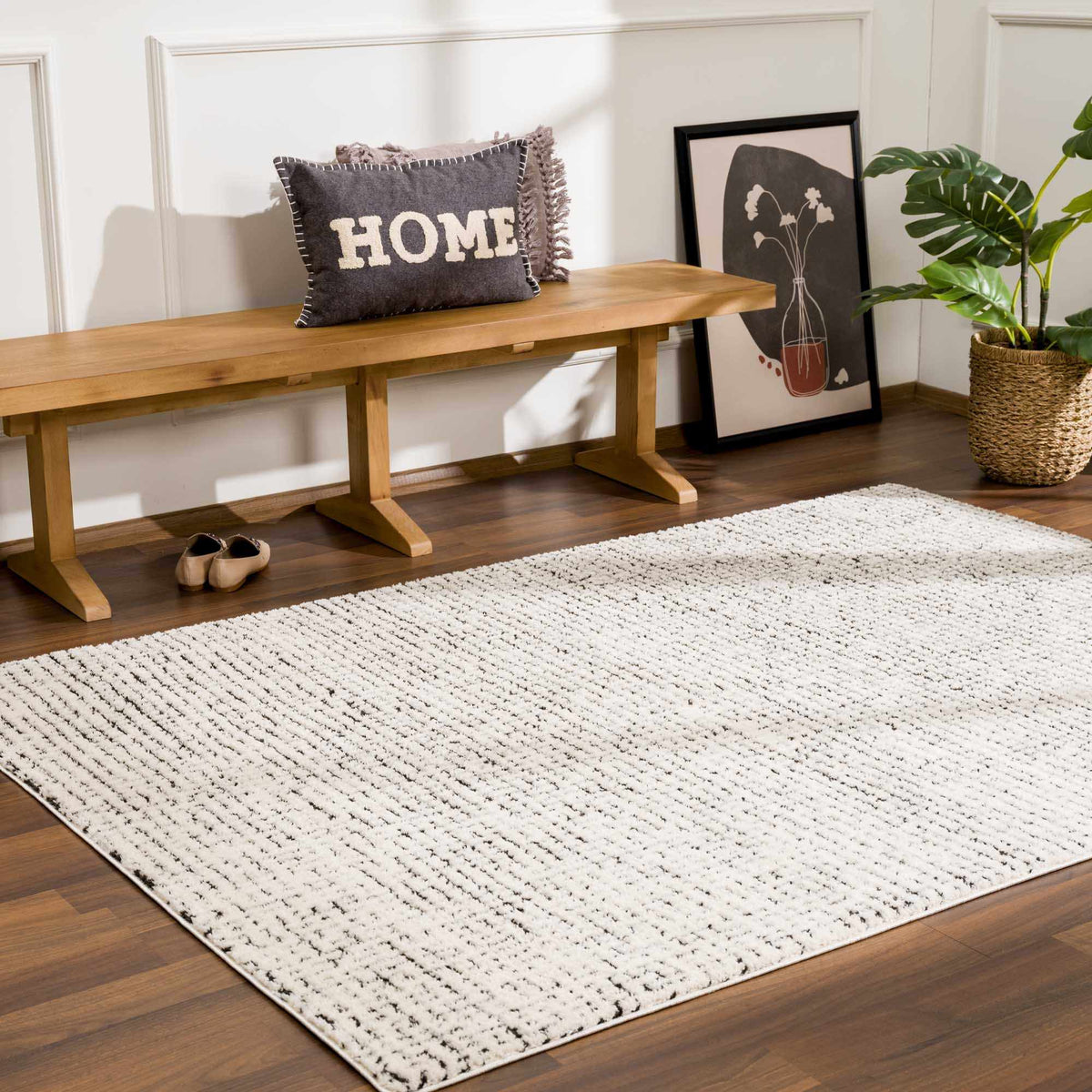 Keita Ivory Black Grid Plush Rug With Luxe High Pile
