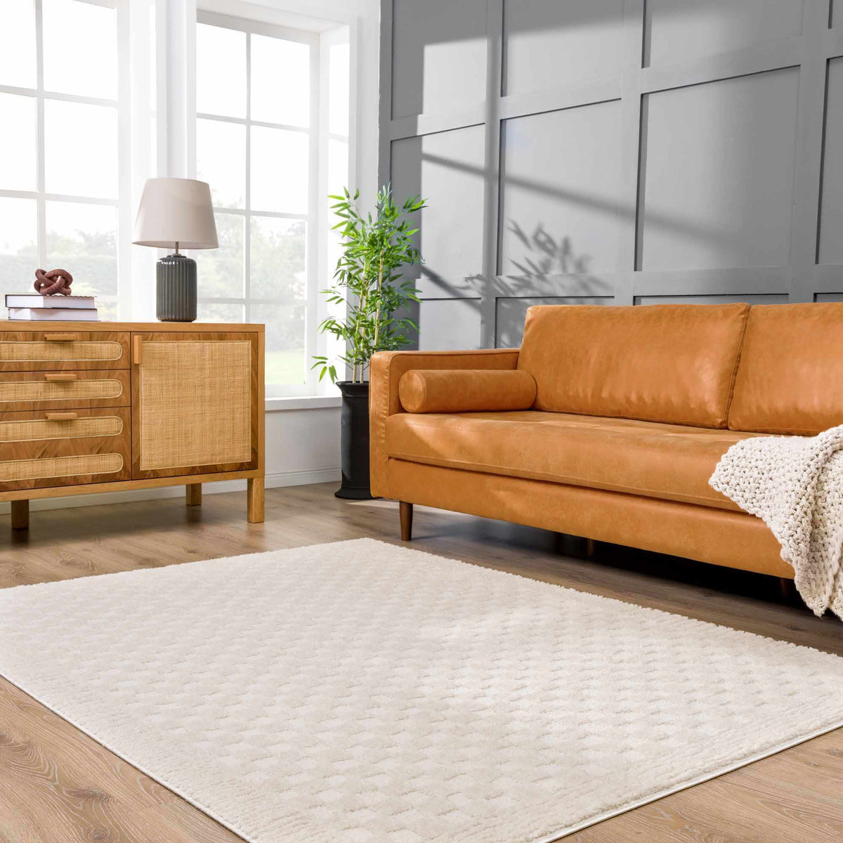 Lumina Home Leryn Ivory Plush High Pile Check Area Rug