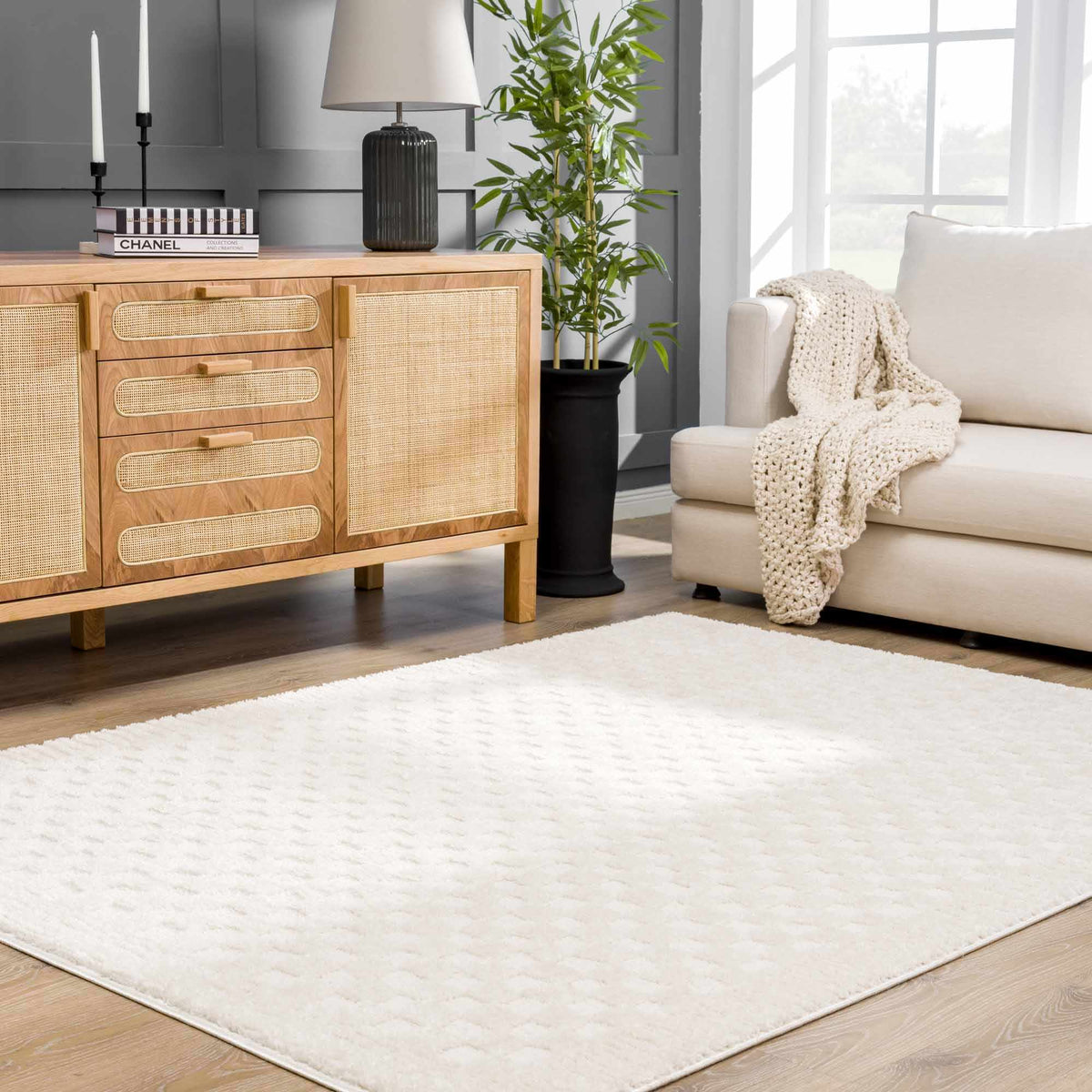 Lumina Home Leryn Ivory Plush High Pile Check Area Rug