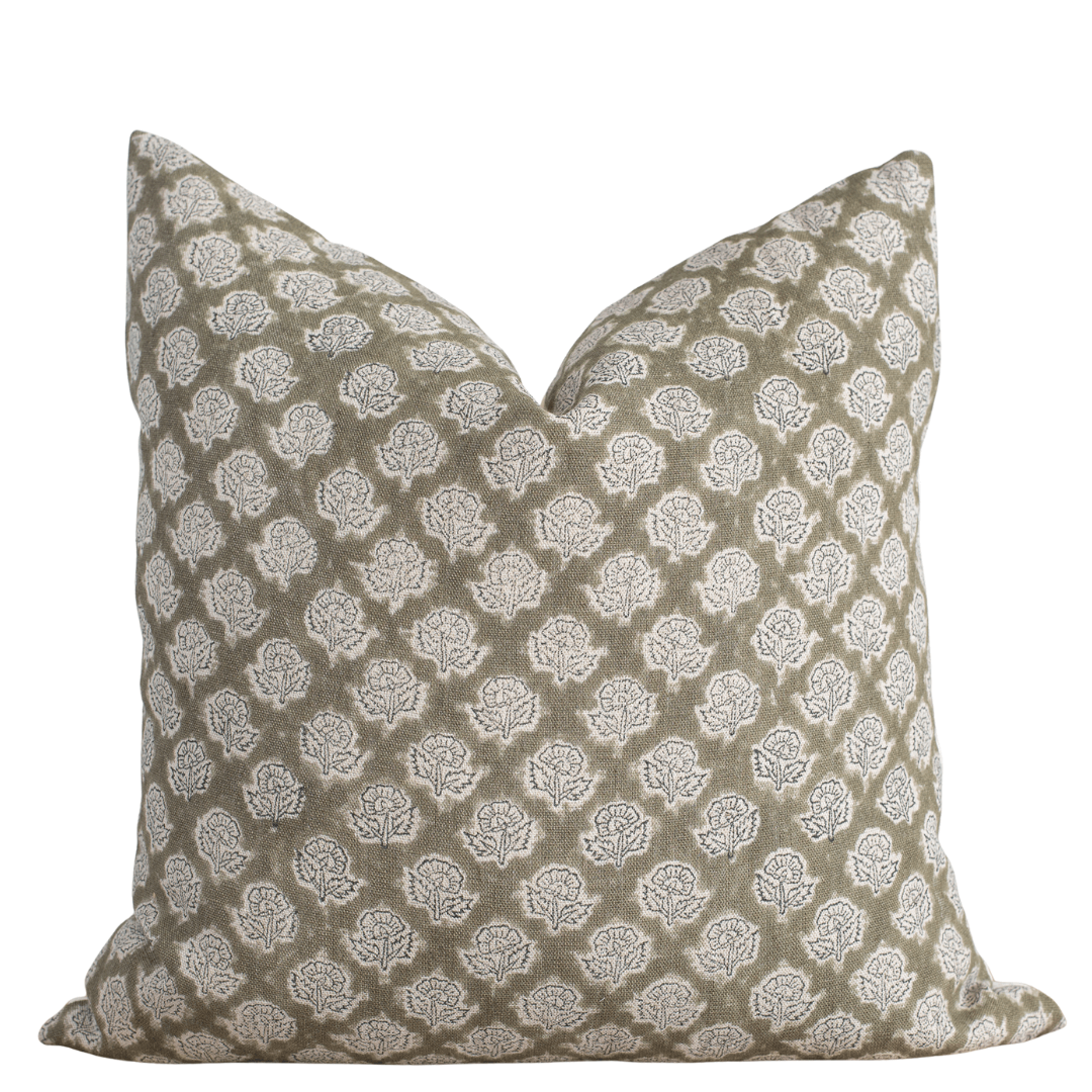 Fiora Olive Linen Floral Pillow Cover Limited Edition