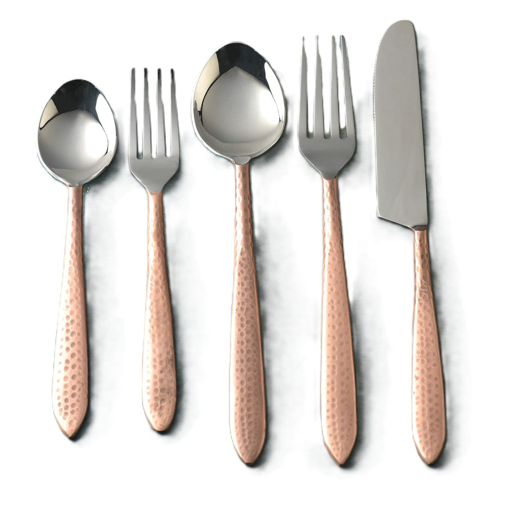 Crimson Contemporary Hammered Flatware Set Five Piece Place Setting