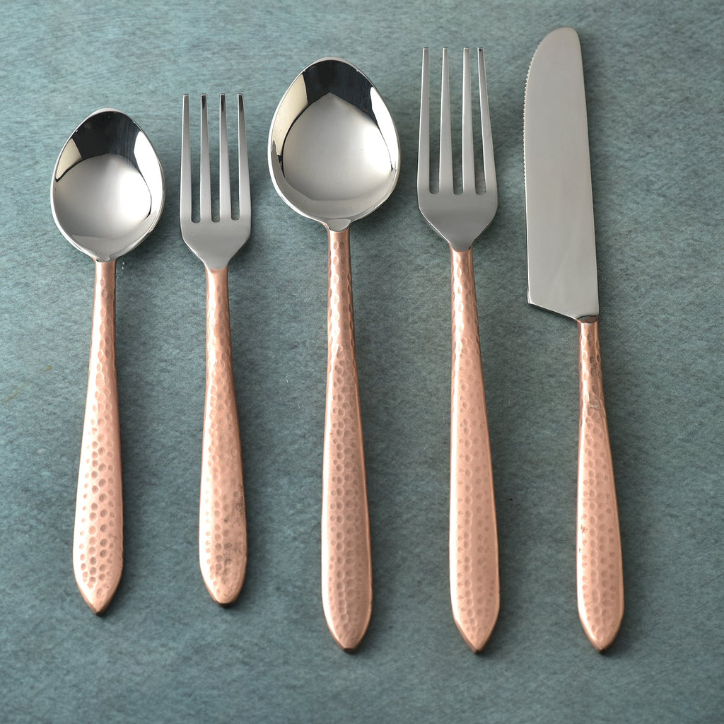 Crimson Contemporary Hammered Flatware Set Five Piece Place Setting