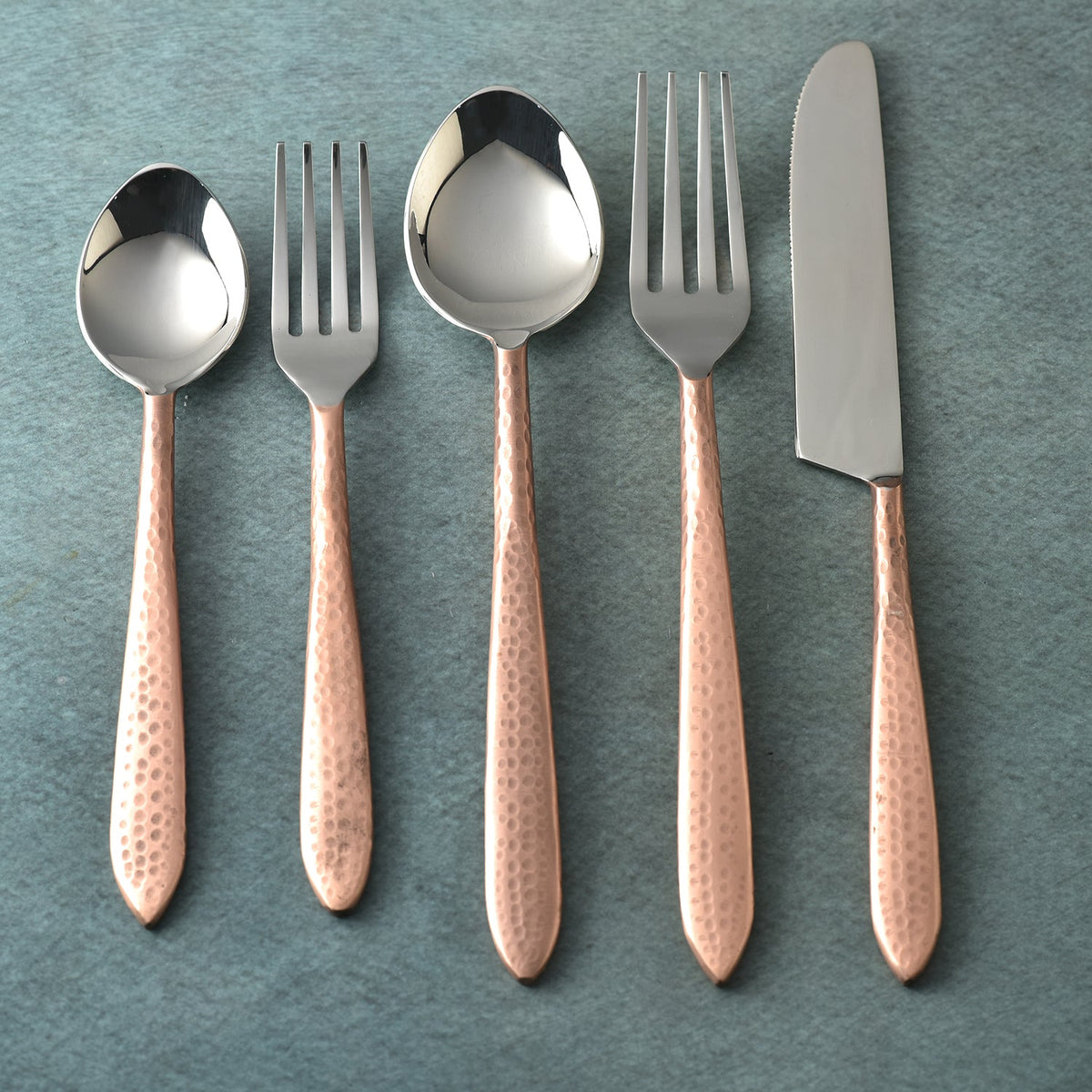 Crimson Contemporary Hammered Flatware Set Five Piece Place Setting