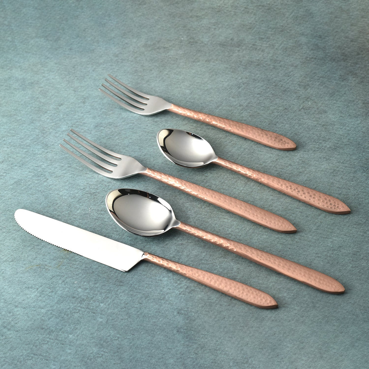 Crimson Contemporary Hammered Flatware Set Five Piece Place Setting