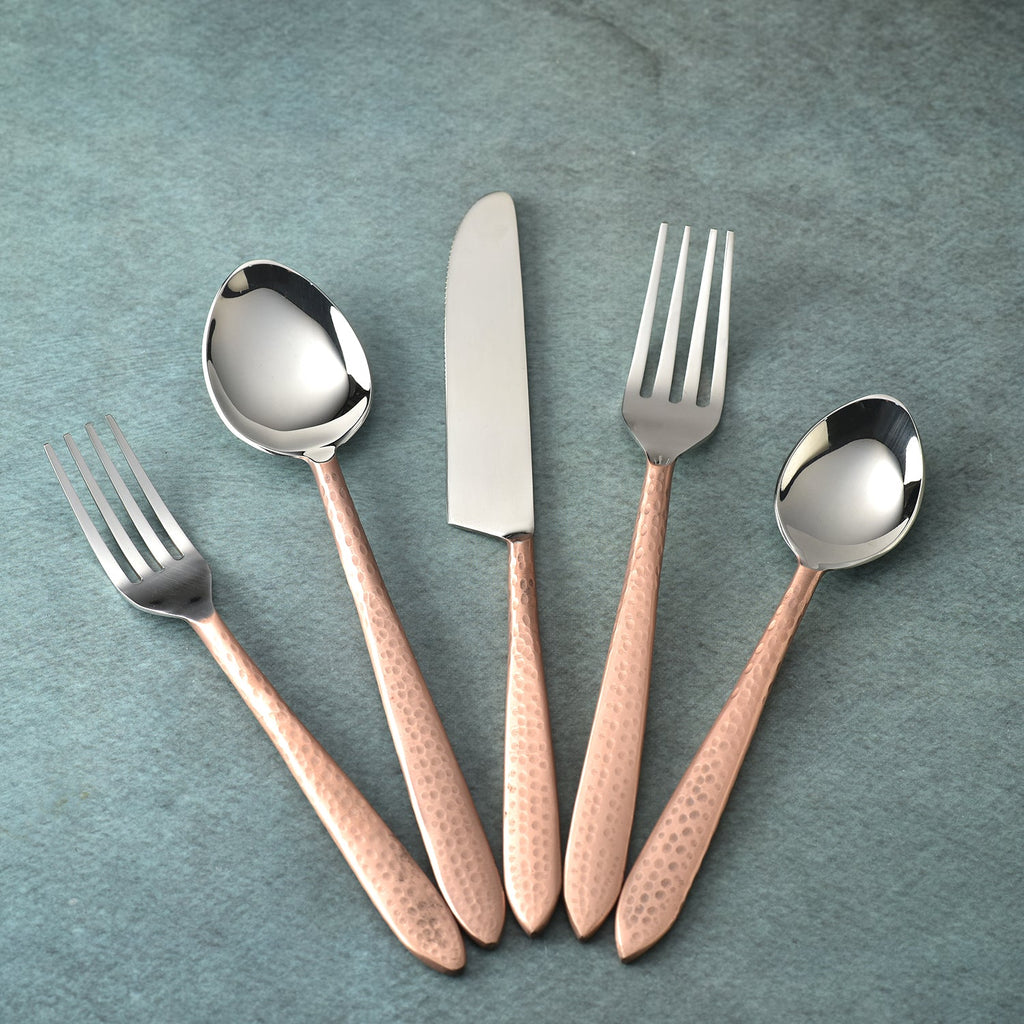 Crimson Contemporary Hammered Flatware Set Five Piece Place Setting