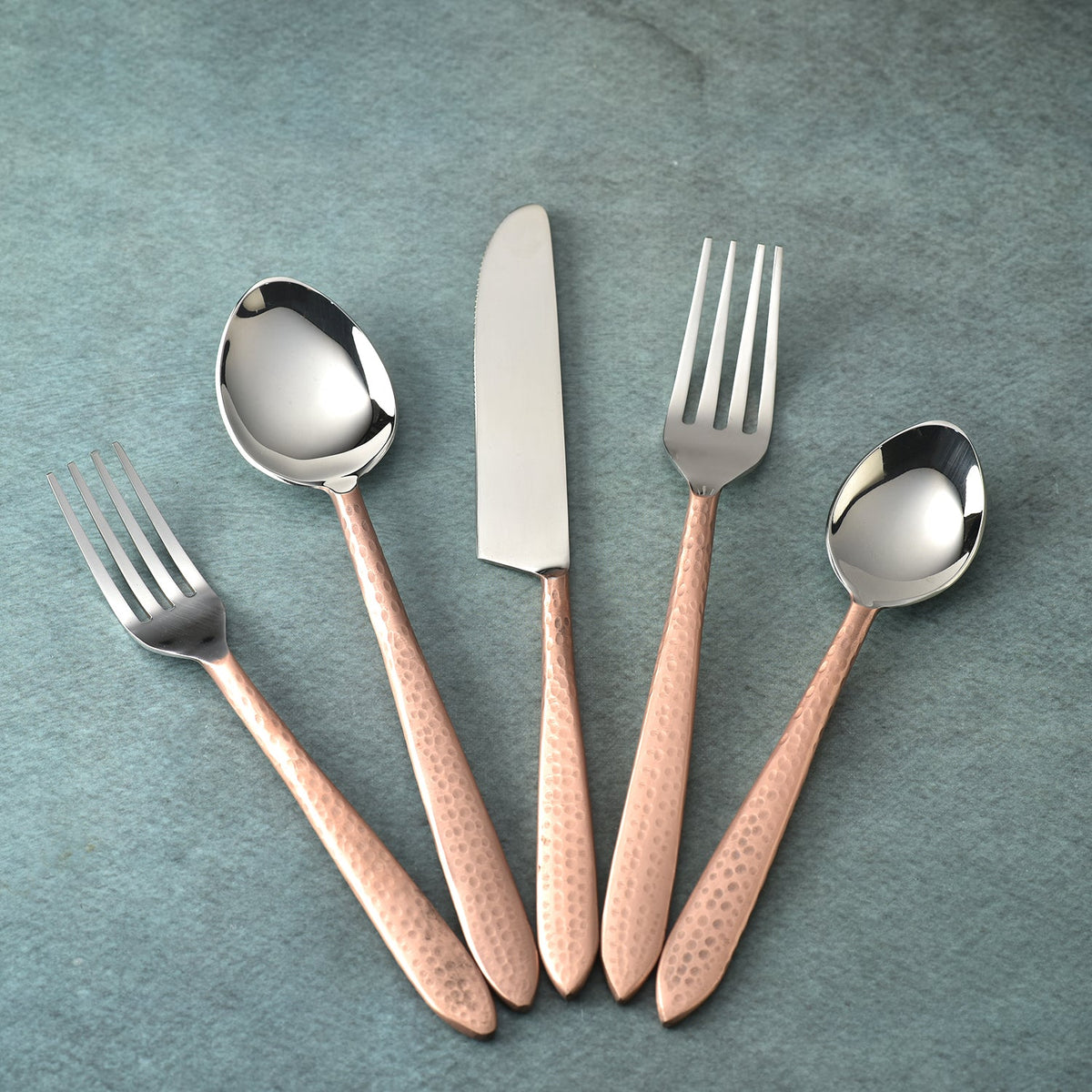 Crimson Contemporary Hammered Flatware Set Five Piece Place Setting