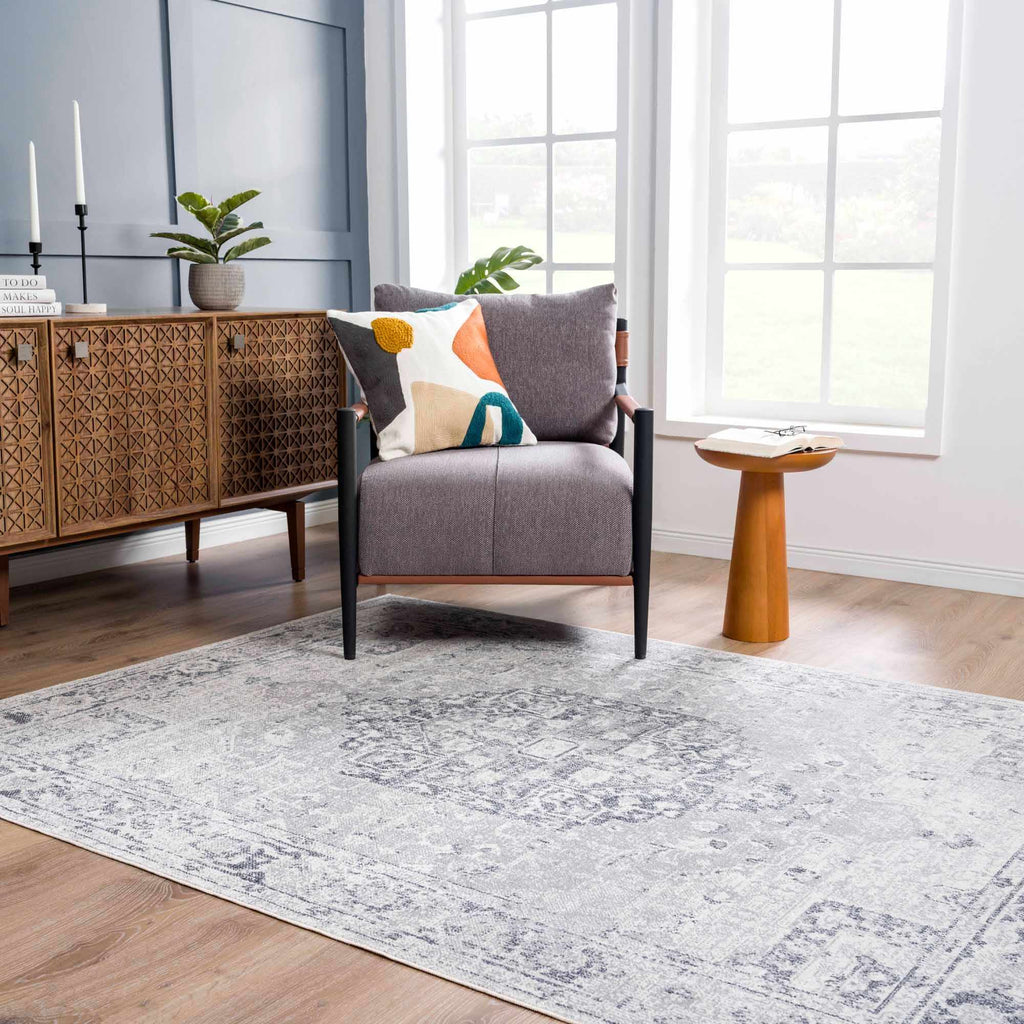 Akram Anthracite Washable Rug With Traditional Pattern