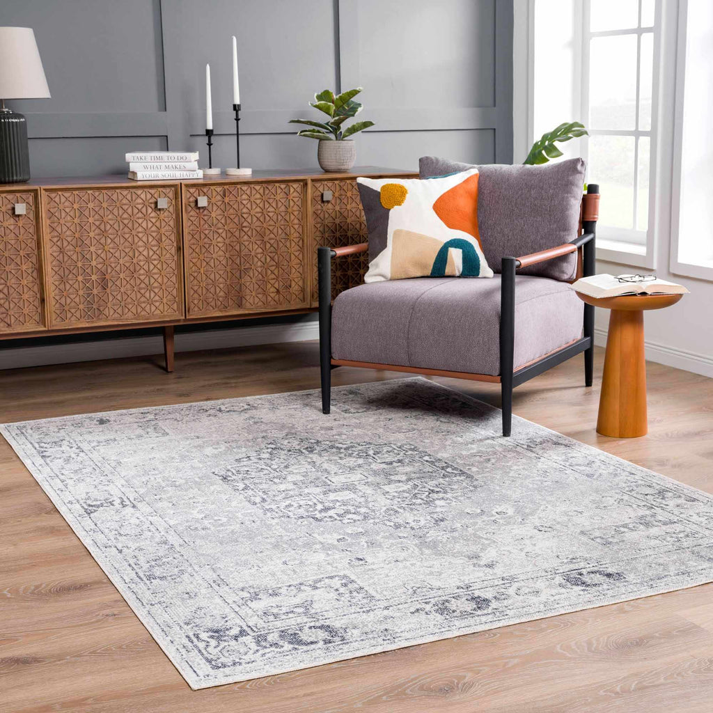 Akram Anthracite Washable Rug With Traditional Pattern