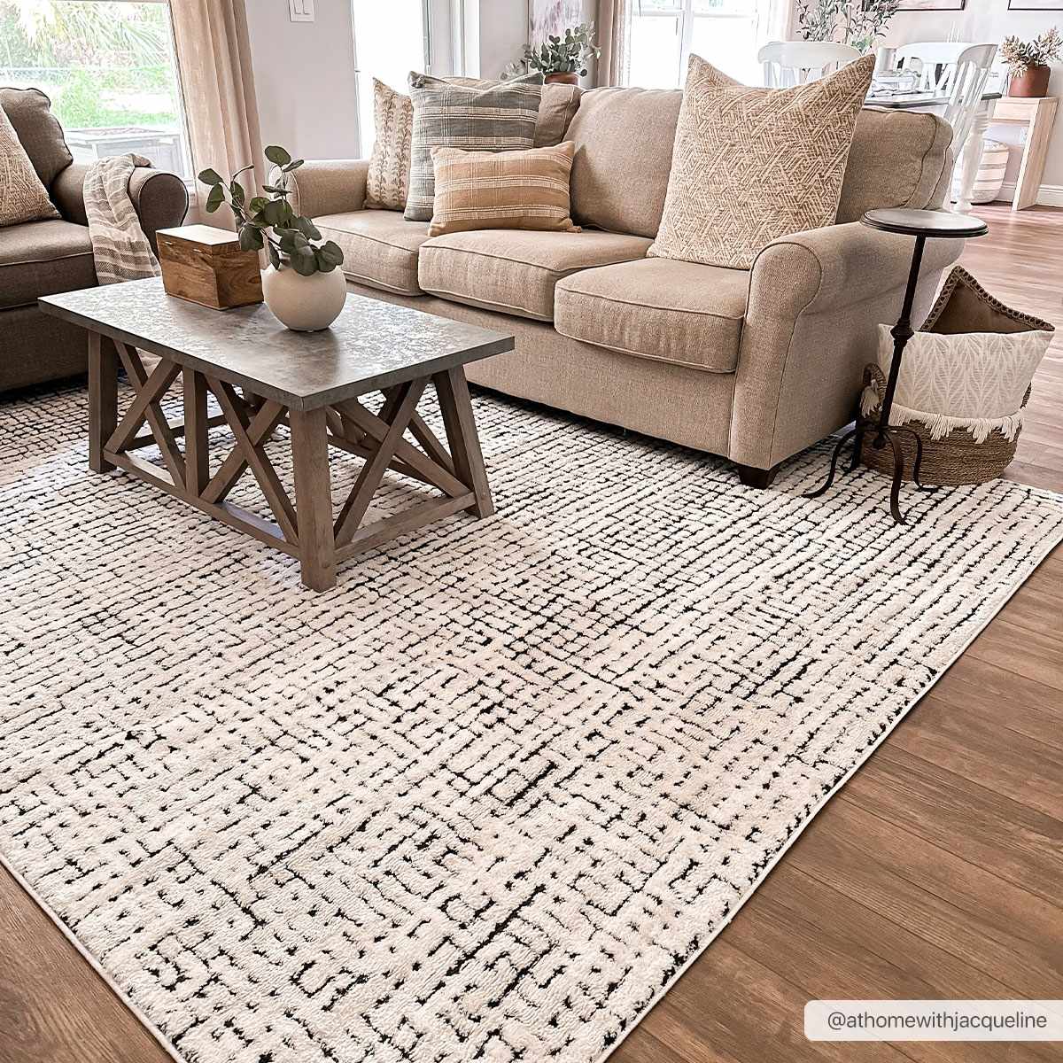 Keita Ivory Black Grid Plush Rug With Luxe High Pile