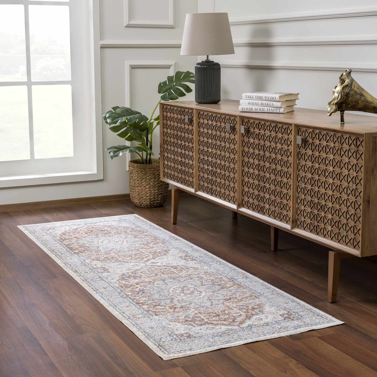 Emke Machine Washable Flat Pile Rug In Navy Pattern