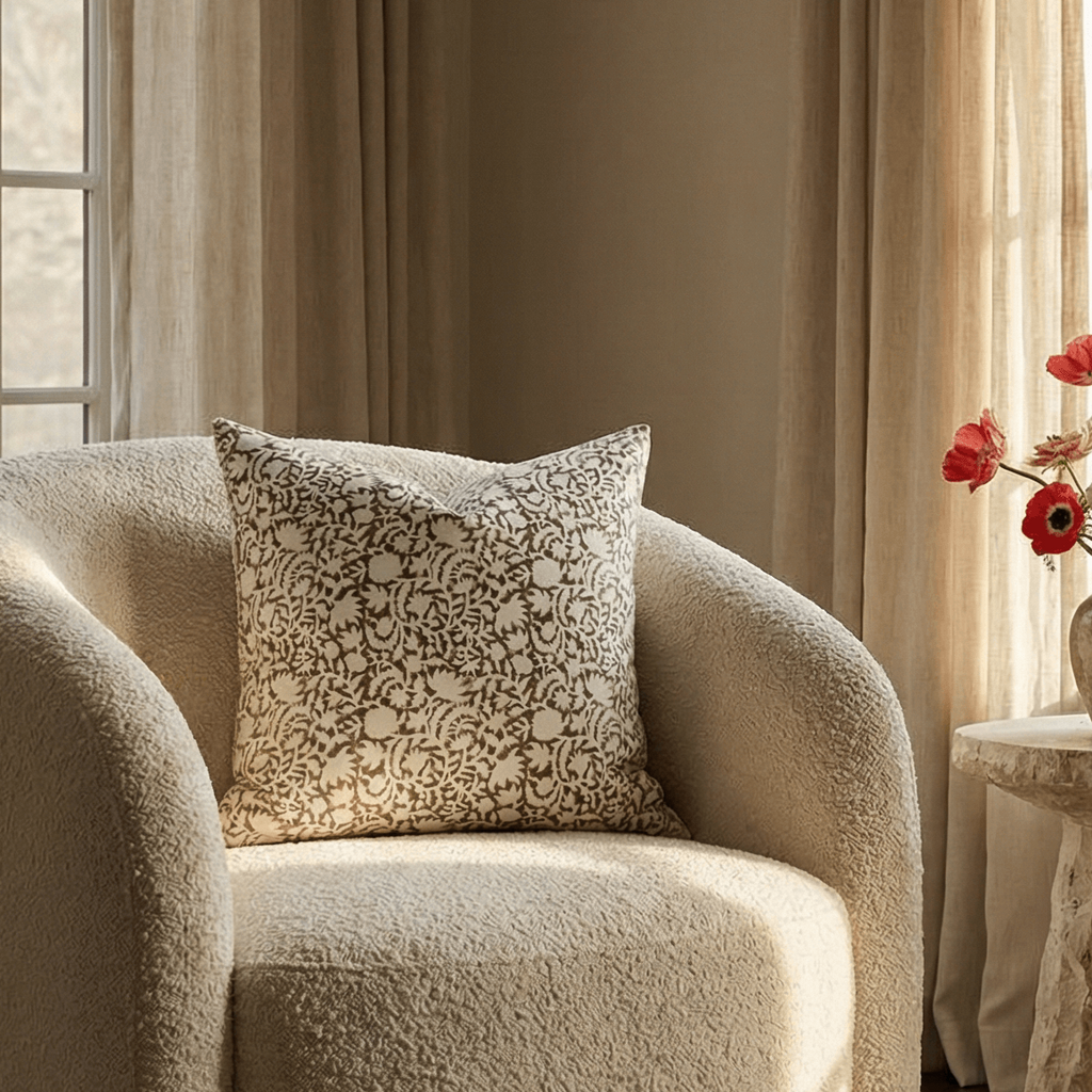 Curated Mustard Floral Block Printed Cotton Pillow Cover