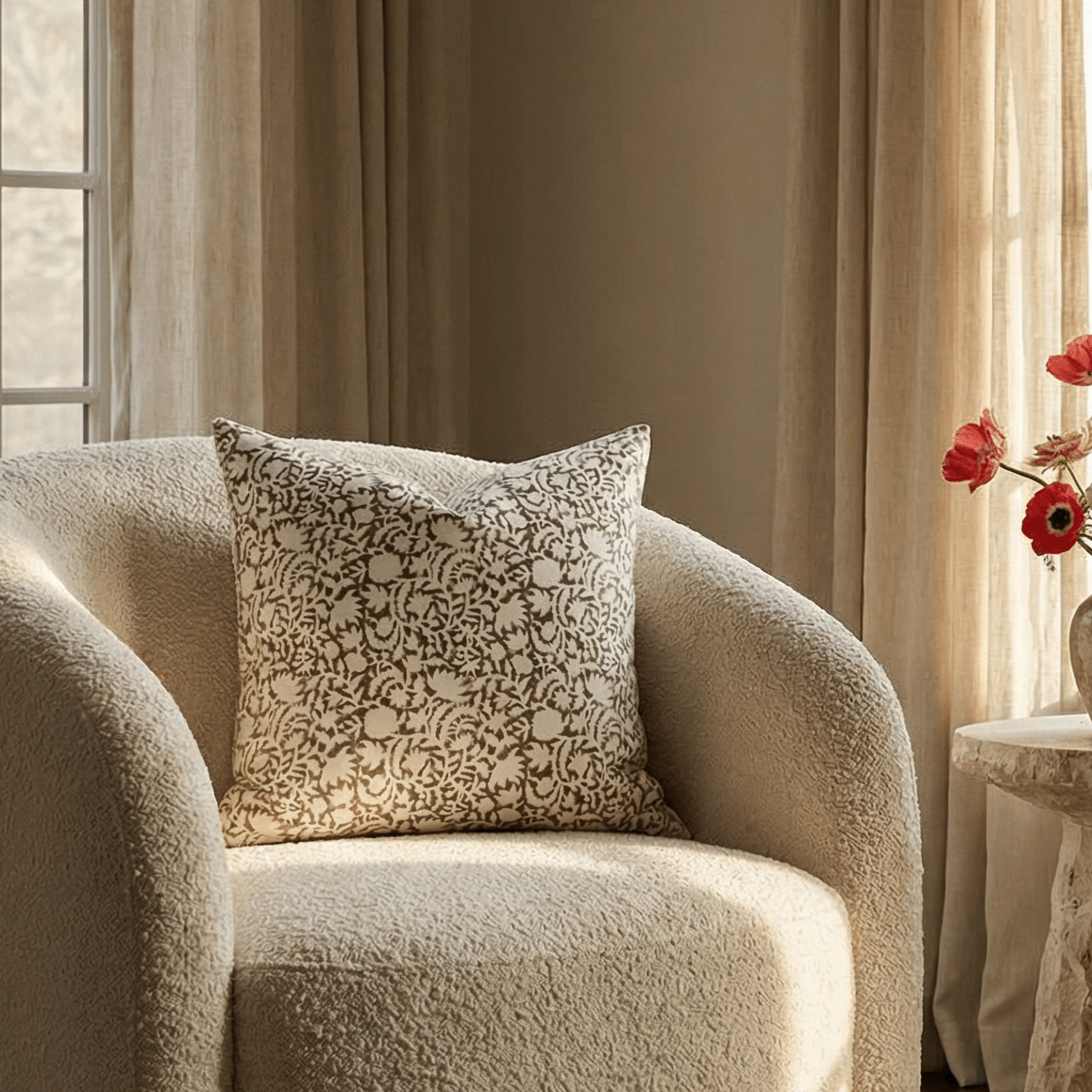 Curated Mustard Floral Block Printed Cotton Pillow Cover