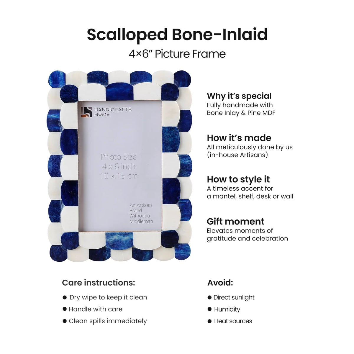 Verdant Home Scalloped Bone Inlay Picture Frame Blue White 3 Sizes