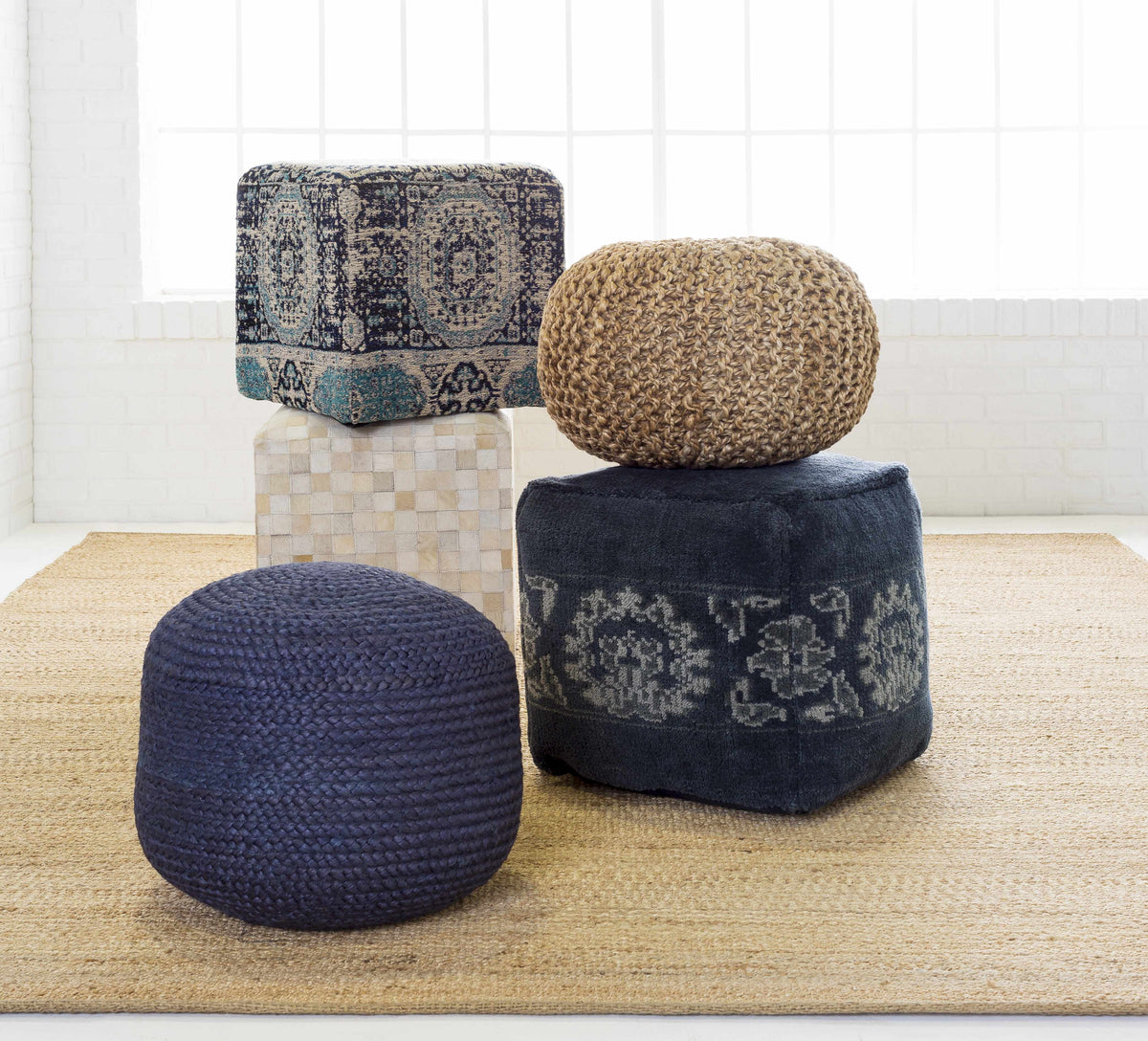 Aura Living Gail Knitted Pouf Woven In Dyed Navy Jute