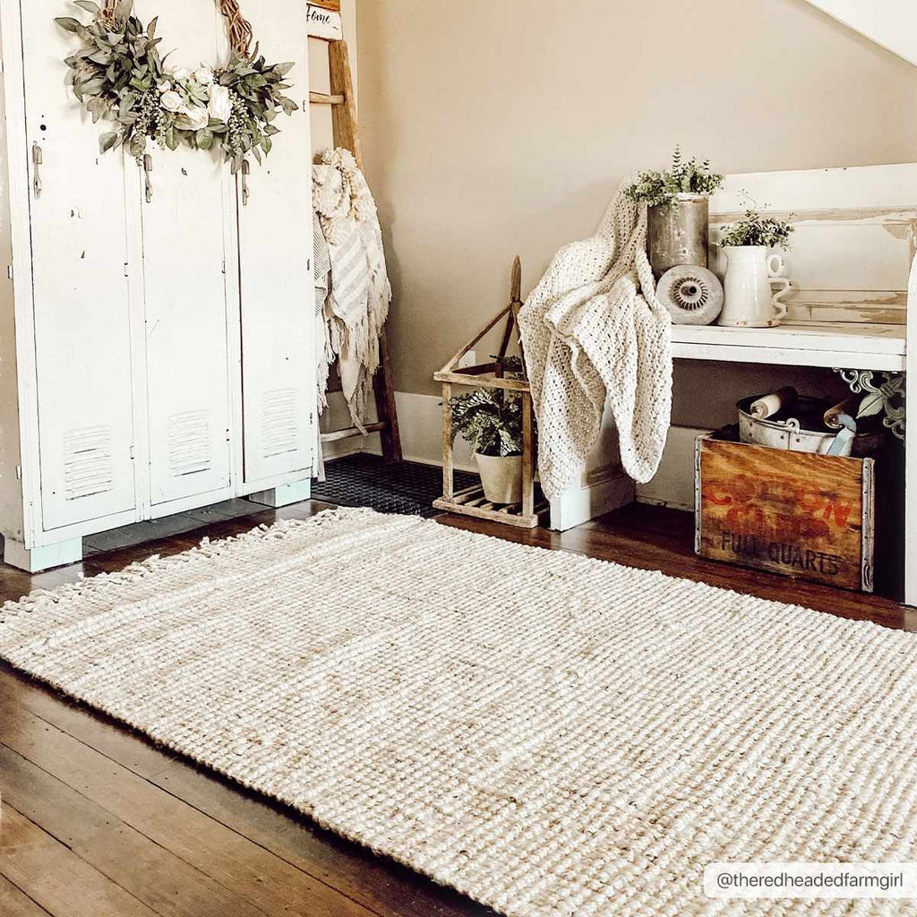 Senneterre Hand Woven Bleached Jute Rug With Tassel Fringe