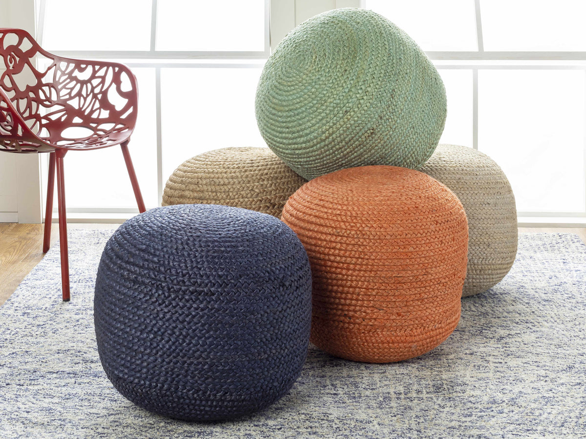 Kaumakani Warm Peach Knitted Jute Pouf With Polybead Fill
