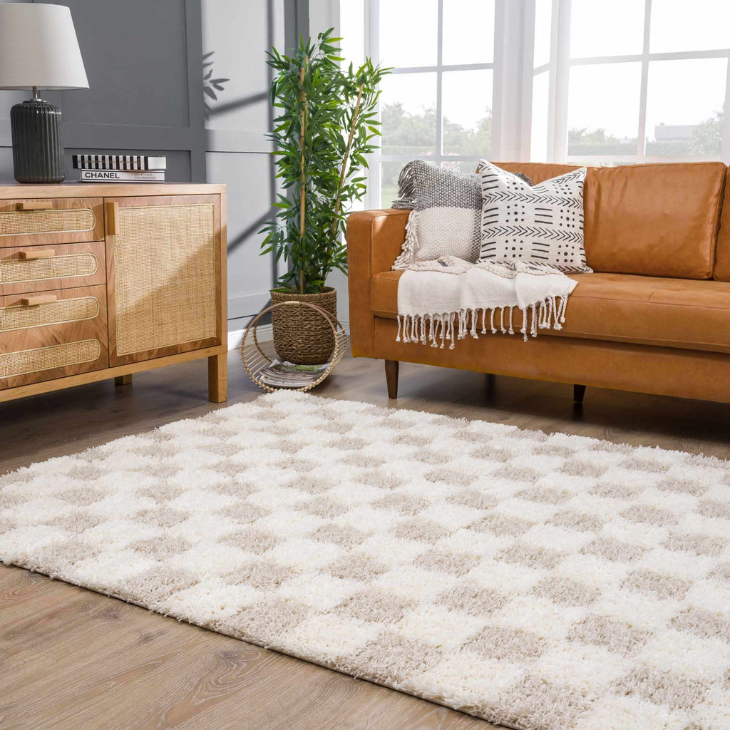 Atira 2 Inch Plush Pile Checkered Light Brown Area Rug