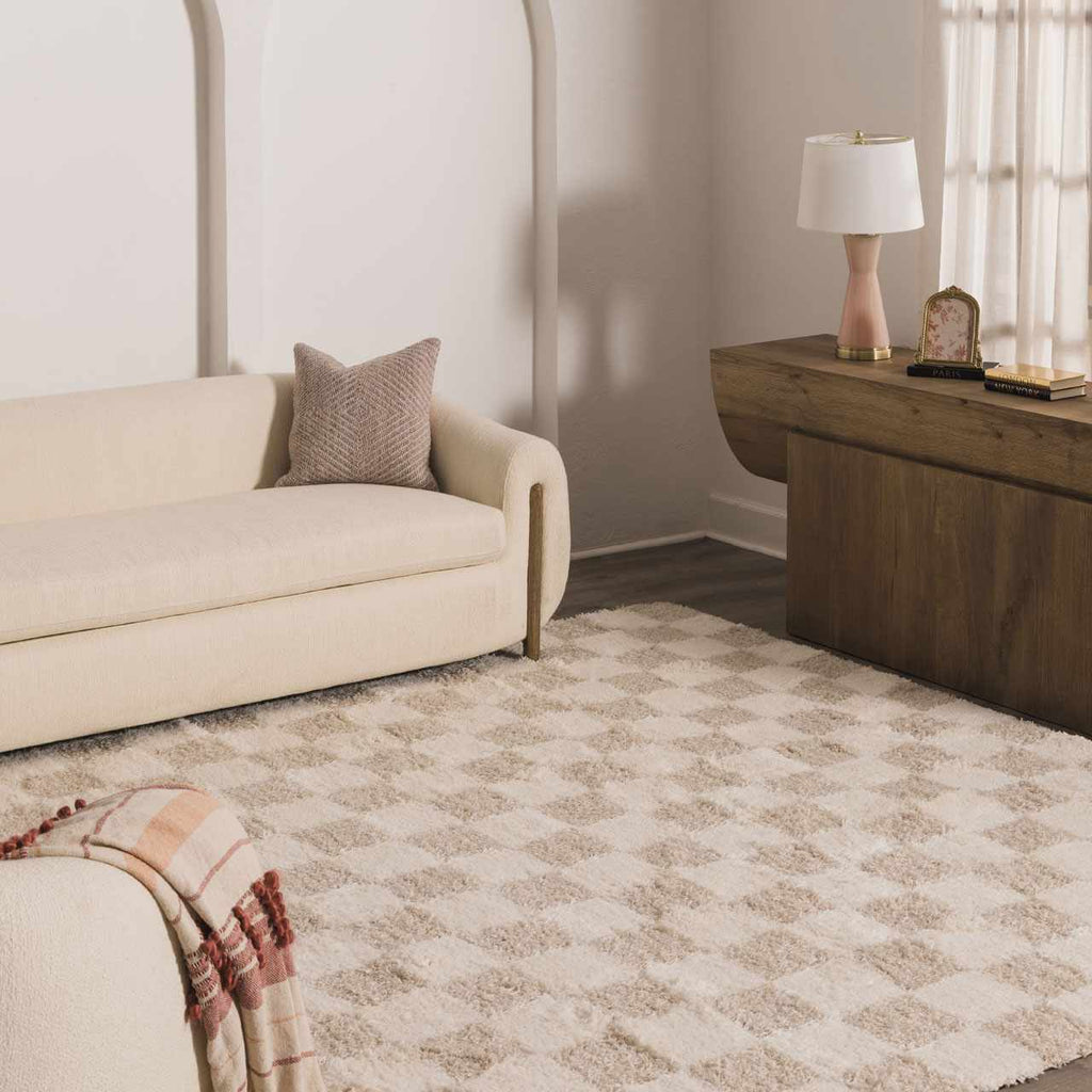 Atira 2 Inch Plush Pile Checkered Light Brown Area Rug