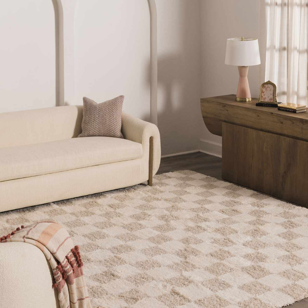 Atira 2 Inch Plush Pile Checkered Light Brown Area Rug