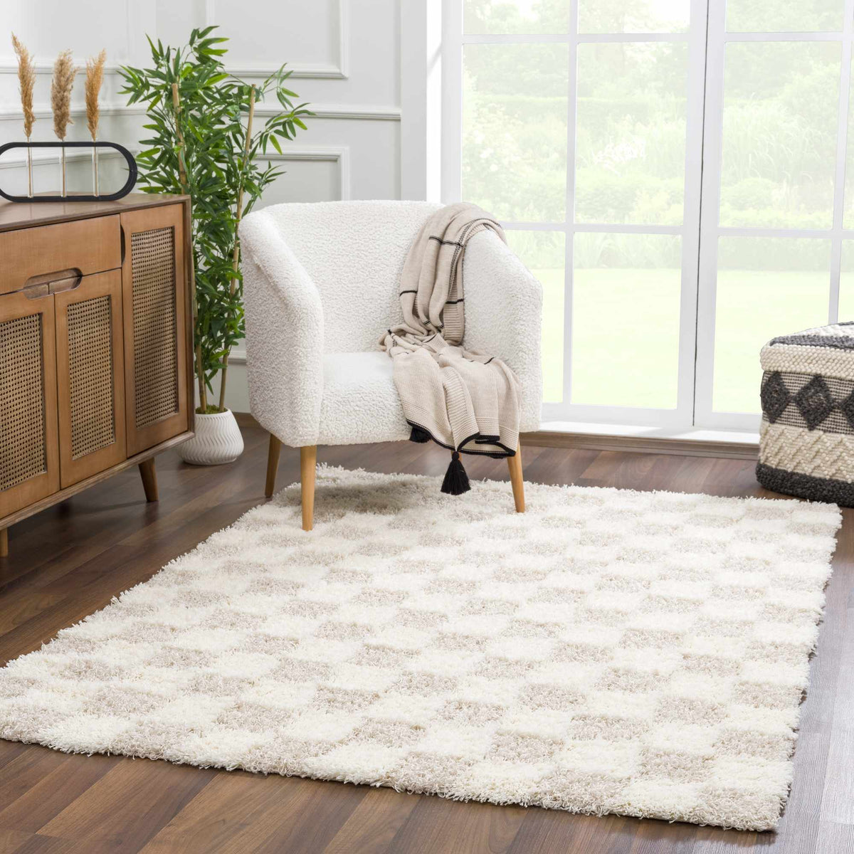 Atira 2 Inch Plush Pile Checkered Light Brown Area Rug
