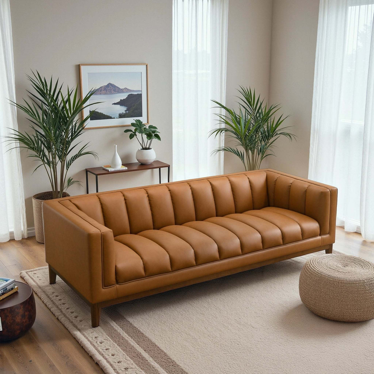 Melissa Modern Channel Tufted Cognac Vegan Leather Sofa