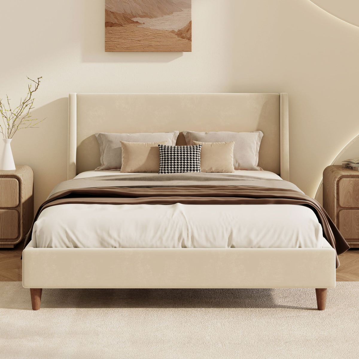 Luna Wingback Platform Bed With Elegant Custom Upholstery