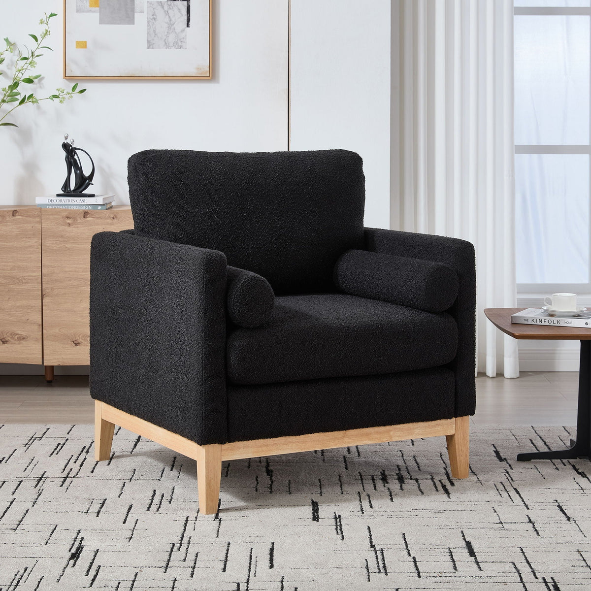 Aura Wide Modern Accent Chair With Natural Wood Legs