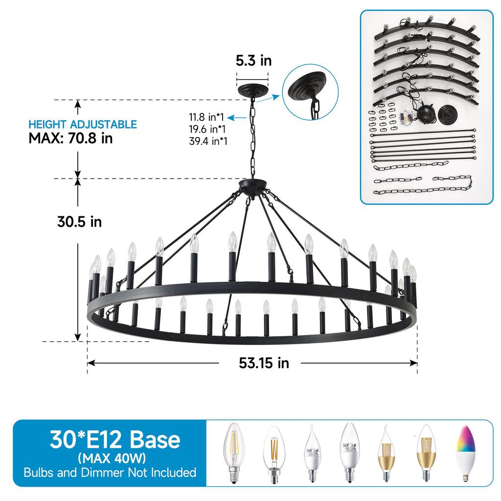 Lumacraft 53 Matte Black Wagon Wheel Chandelier With 30 Lights