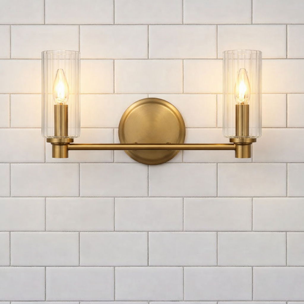 Regal Double Light Vanity In Antique Brass With Clear Ribbed Satin