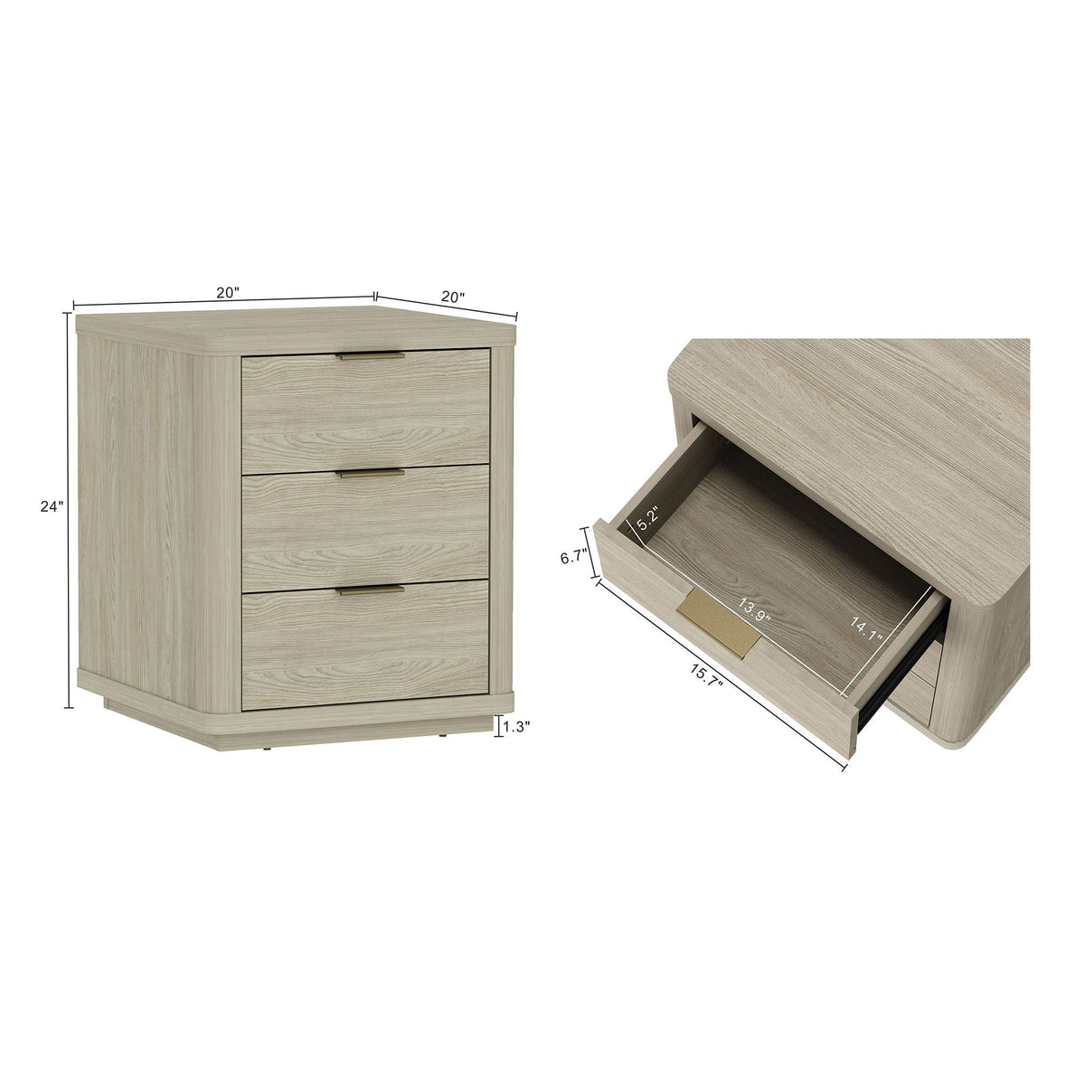 Evelyn - Nightstand With 3 Drawers, Smooth Rounded Edges