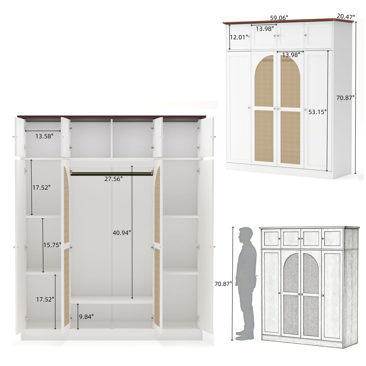 Aether 8-Door Rattan Accent Armoire With Adjustable Shelves