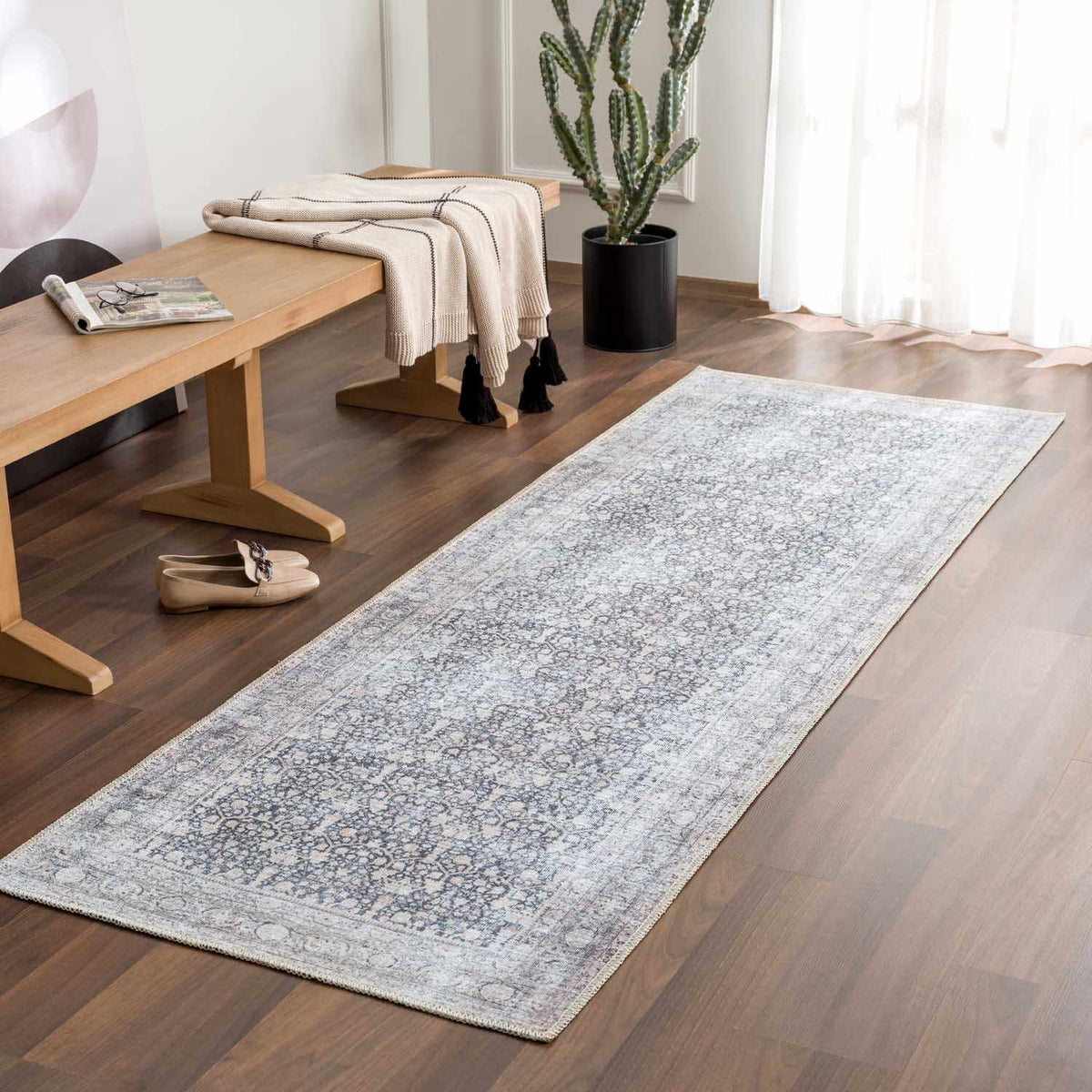 Hedda Boutique Washable Rug With Gray And Teal Pattern