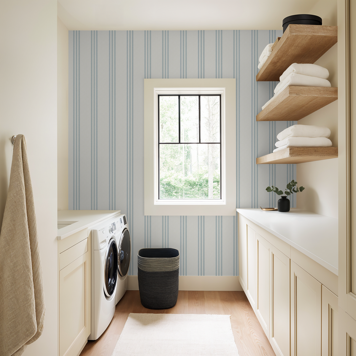 Meridian Andrew Blue Linen Texture Triple Stripe Wallpaper