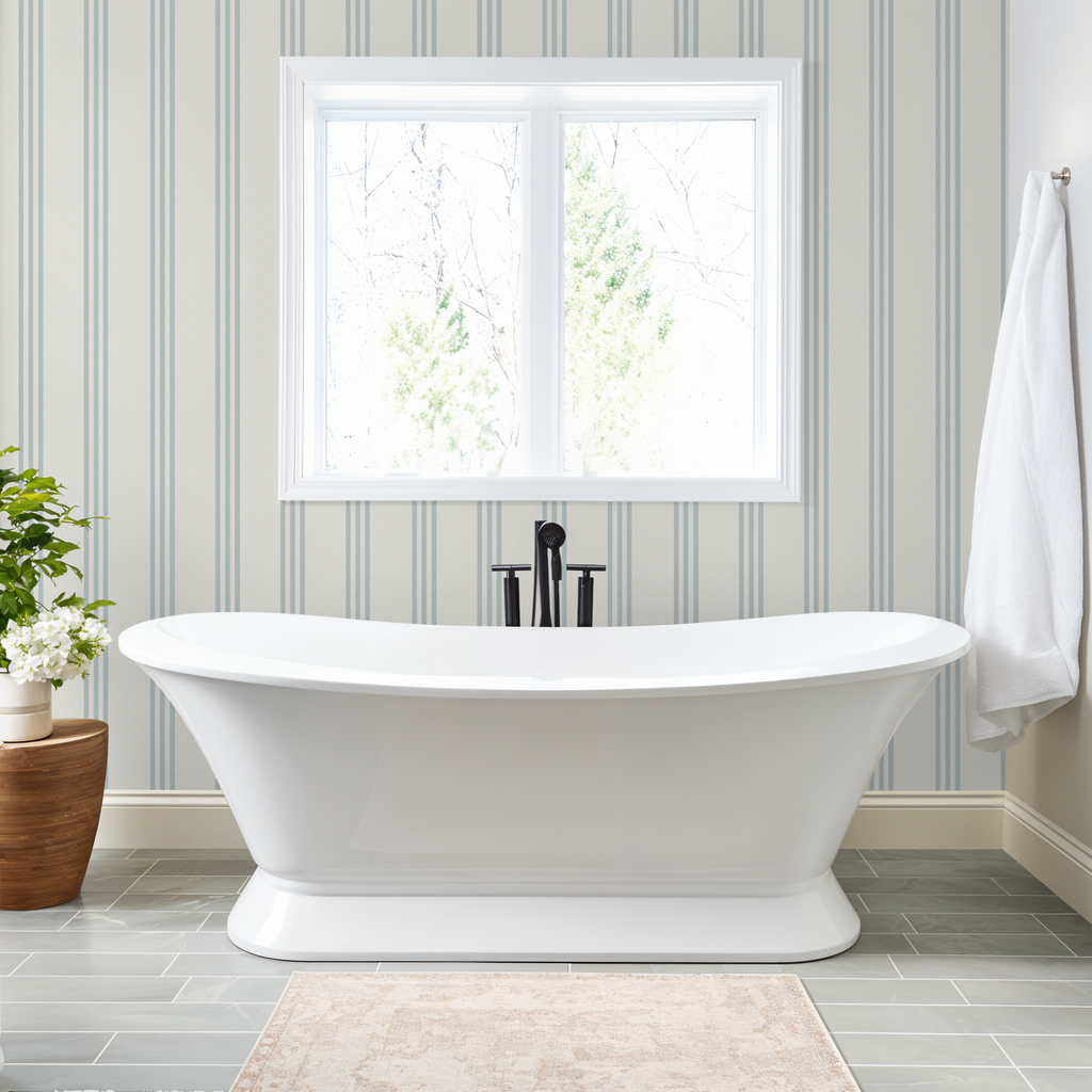 Meridian Andrew Blue Linen Texture Triple Stripe Wallpaper
